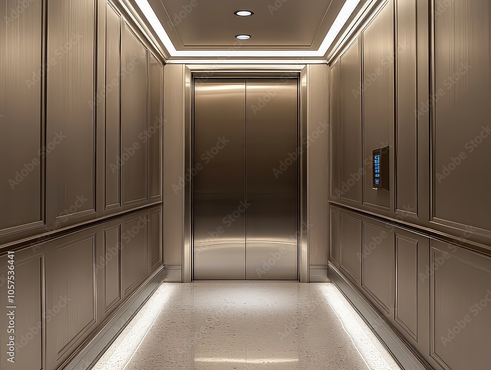 Fototapeta premium Elegant elevator interior with warm lighting, metallic finishes, and minimalistic design, creating a luxurious and refined atmosphere.