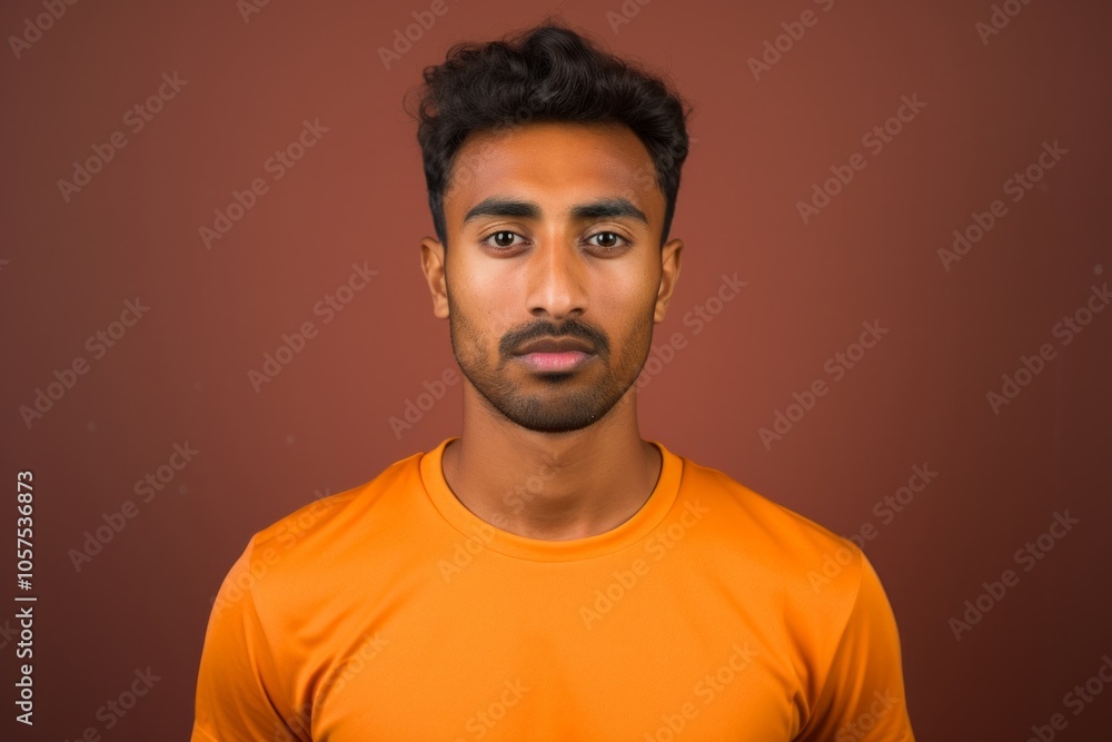 Fototapeta premium Portrait of a content indian man in his 20s sporting a breathable mesh jersey in front of blank studio backdrop