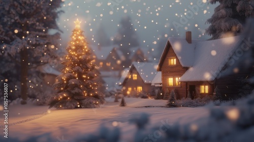 A snowy village adorned with twinkling lights during the winter holiday season at dusk