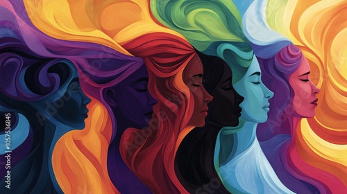 A vibrant and colorful illustration of diverse female profiles, showcasing a spectrum of hair colors and styles, representing unity and diversity.