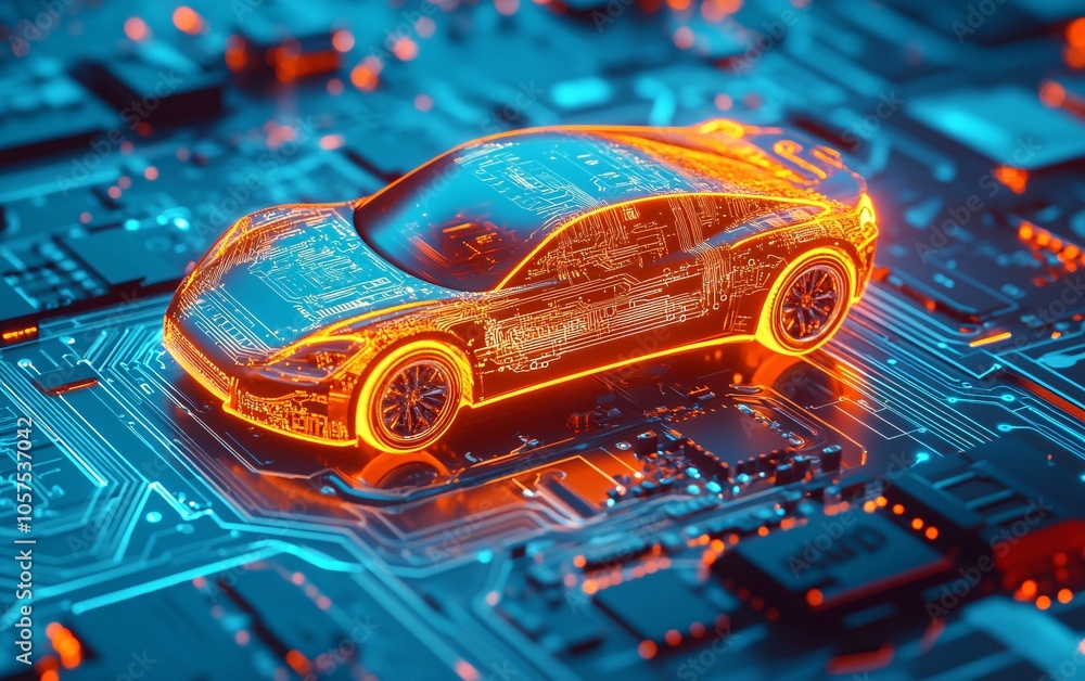 Futuristic electric car model glowing on a circuit board, showcasing advanced technology and innovation in automotive design. Futuristic electric car model glowing on a circuit board, showcasing advanced technology and innovation in automotive design.