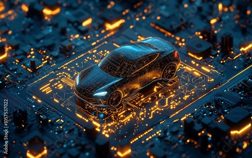 A futuristic car model resting on a glowing circuit board, showcasing the blend of automotive design and advanced technology in a digital landscape.