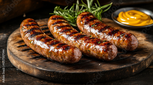 Juicy sausage links sizzling on grill, served with mustard