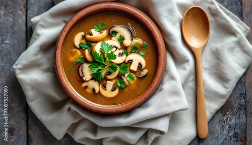 Zupa Grzybowa (Mushroom Soup) in Rustic Clay Bowl with Linen Napkin (Polish Cuisine) photo