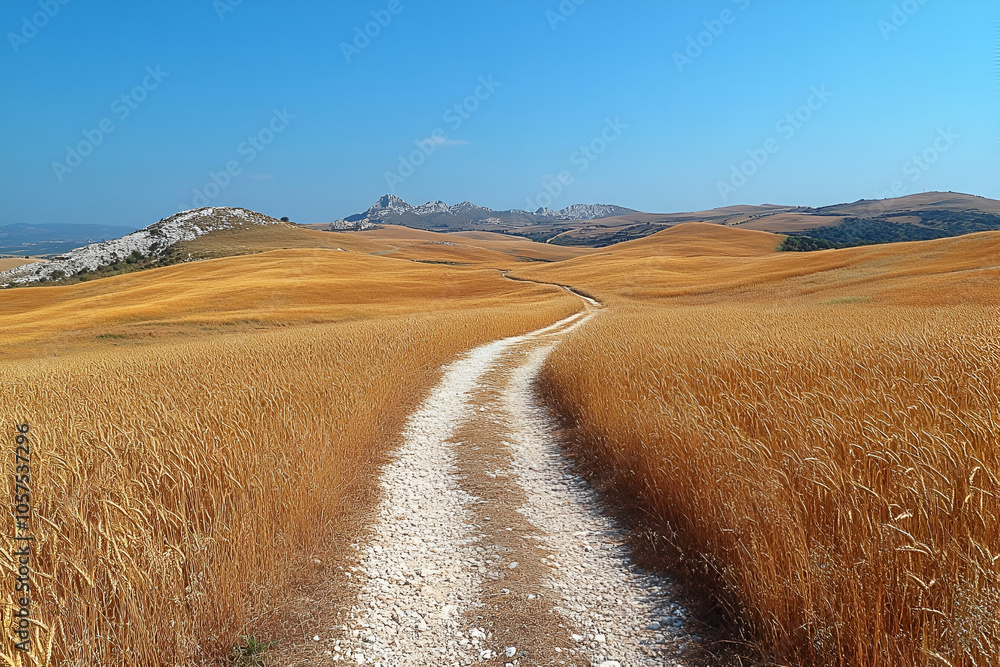 Fototapeta premium A winding dirt path through golden fields under a clear blue sky, leading towards distant hills.