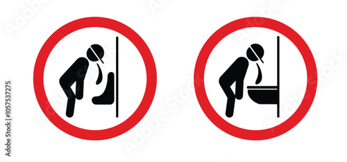 Prohibition, vomit icon. No vomiting, hangover warning sign. Sick person to vomiting in the wc. Stick figures or stickman and toilet logo. Symptoms virus infection or hungover or drunk.