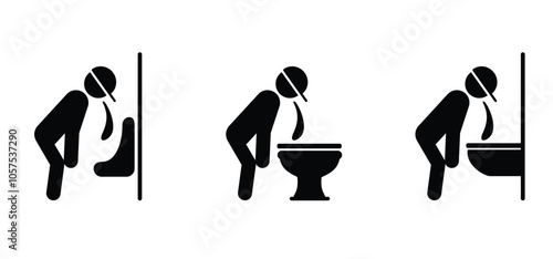 Vomit icon. Anxiety and vomiting concept. Sick person to vomiting in the wc. Stick figures or stickman and toilet logo. Restroom or bathroom toilets. Symptoms virus infection or hungover or drunk.
