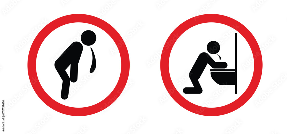 Prohibition, vomit icon. No vomiting, hangover warning sign. Sick person to vomiting in the wc. Stick figures or stickman and toilet logo. Symptoms virus infection or hungover or drunk. Prohibition, vomit icon. No vomiting, hangover warning sign. Sick person to vomiting in the wc. Stick figures or stickman and toilet logo. Symptoms virus infection or hungover or drunk.