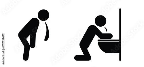 Vomit icon. Anxiety and vomiting concept. Sick person to vomiting in the wc. Stick figures or stickman and toilet logo. Restroom or bathroom toilets. Symptoms virus infection or hungover or drunk.