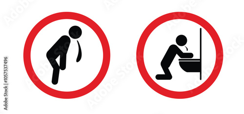 Prohibition, vomit icon. No vomiting, hangover warning sign. Sick person to vomiting in the wc. Stick figures or stickman and toilet logo. Symptoms virus infection or hungover or drunk.