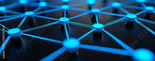 Futuristic digital network with glowing blue nodes and connections on a dark background, representing technology and innovation.