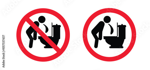 Prohibition, vomit icon. No vomiting, hangover warning sign. Sick person to vomiting in the wc. Stick figures or stickman and toilet logo. Symptoms virus infection or hungover or drunk.