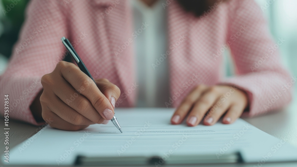 Close up of clients hand signing document with pen, showcasing professionalism and focus Close up of clients hand signing document with pen, showcasing professionalism and focus