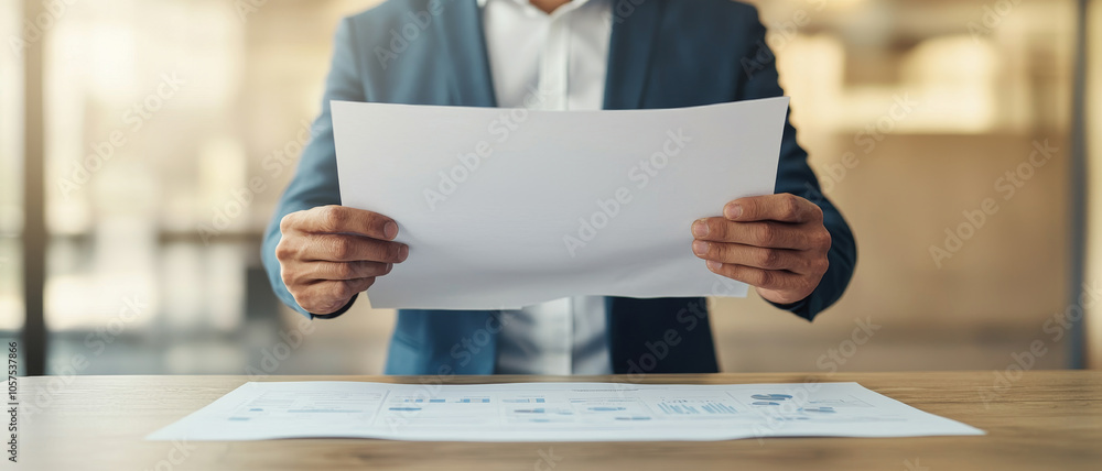 Professional man reviewing documents on a table in a modern office setting. Professional man reviewing documents on a table in a modern office setting.