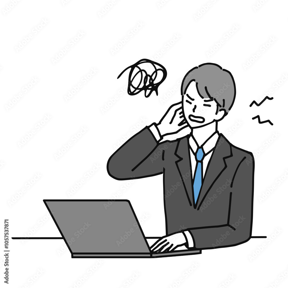 Illustration of a young businessman feeling bad while working on his laptop. Illustration of a young businessman feeling bad while working on his laptop.