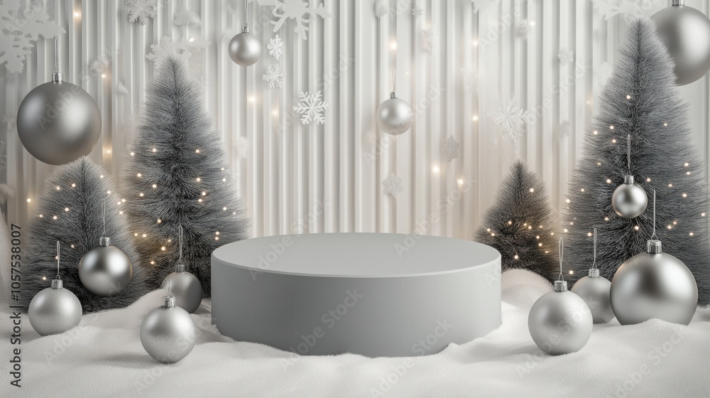 Elegant winter display featuring silver decorations and frosted trees in a festive setting with soft lighting Elegant winter display featuring silver decorations and frosted trees in a festive setting with soft lighting
