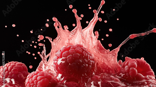 Close-up of fresh raspberries splashing in liquid on a black background showcasing juicy and vibrant red colors. photo