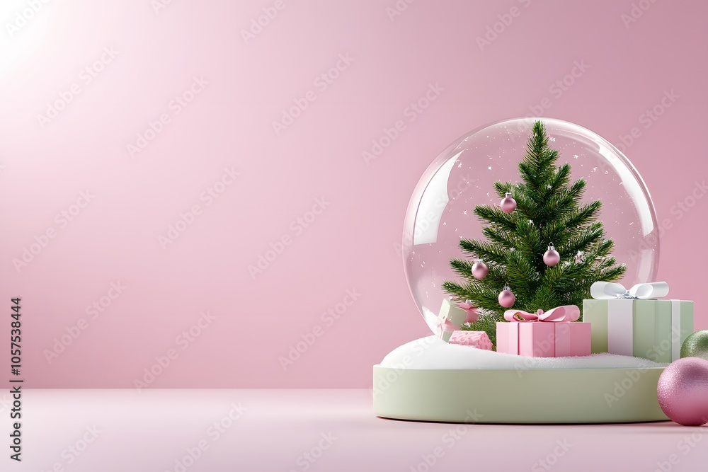 Snow globe featuring a Christmas tree and presents, on a soft pink background Snow globe featuring a Christmas tree and presents, on a soft pink background