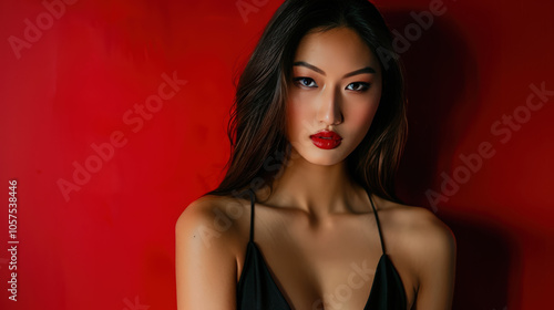 A woman in a black dress with red lipstick stands in front of a red wall