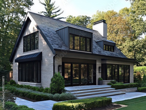  Modern cottage-style home with dark trim, large windows, and lush greenery, blending contemporary and cozy design elements. Ideal for themes on upscale homes and rustic charm. photo