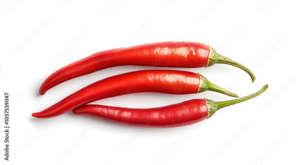 Three fresh red chili peppers with green stems isolated on a white background, arranged in parallel Three fresh red chili peppers with green stems isolated on a white background, arranged in parallel