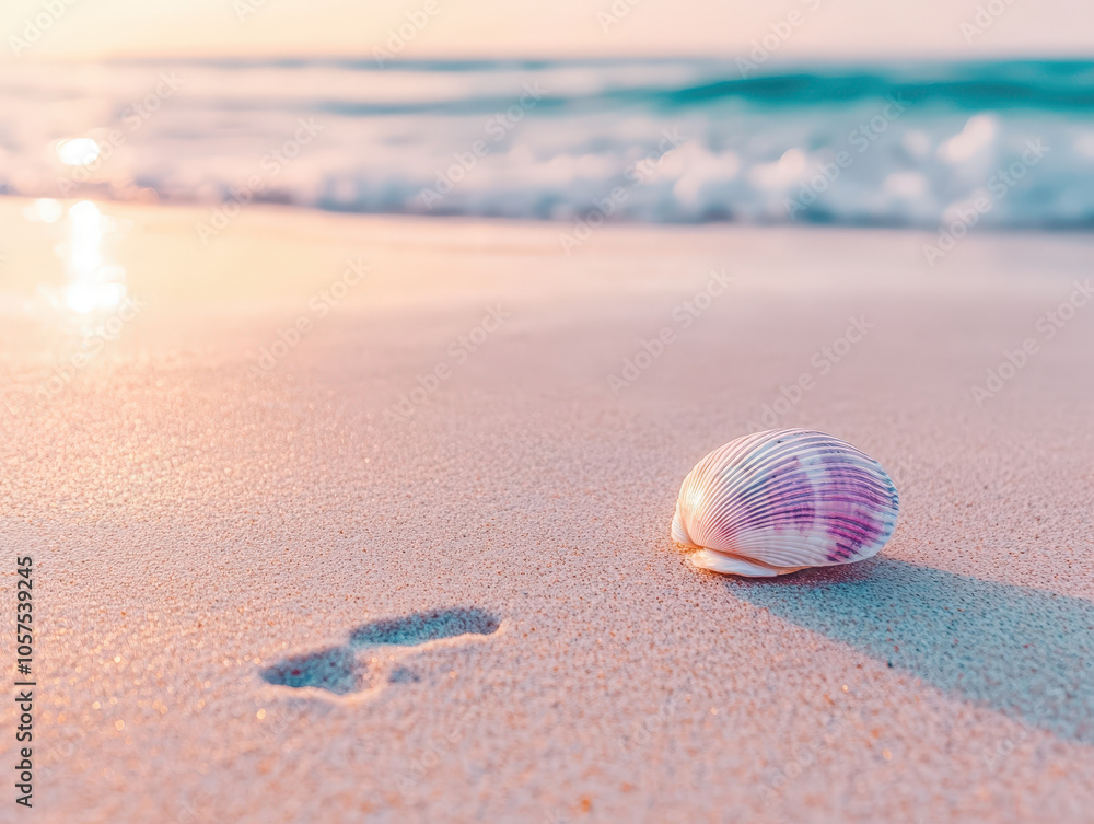 Shiny Iridescent Seashell on Sandy Beach at Sunrise Shiny Iridescent Seashell on Sandy Beach at Sunrise