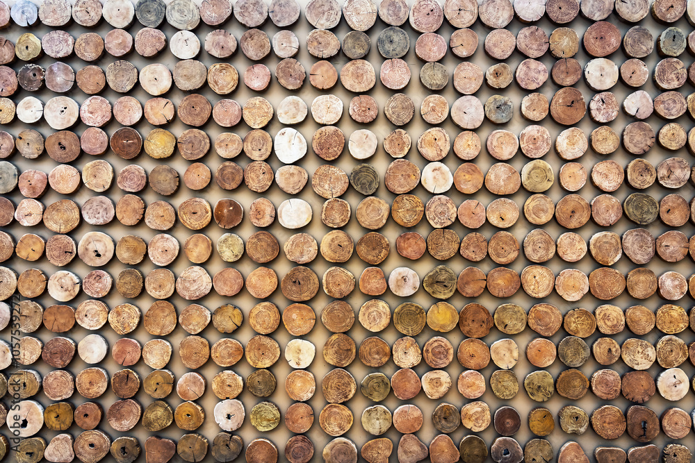Many logs of trees in nature decorate on wall. A lot of cutted logs background. Cross section of tree trunks background. Decoration of cutting tree. Cutting tree trunks placed together for decorate.