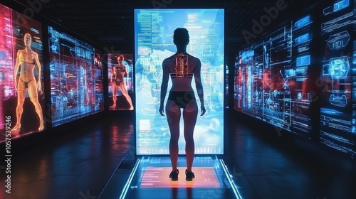 A high-tech fitness studio with holographic workout routines displayed mid-air, guiding each exercise step in real-time. The holographic images adjust to match the pace and movement of the user  photo