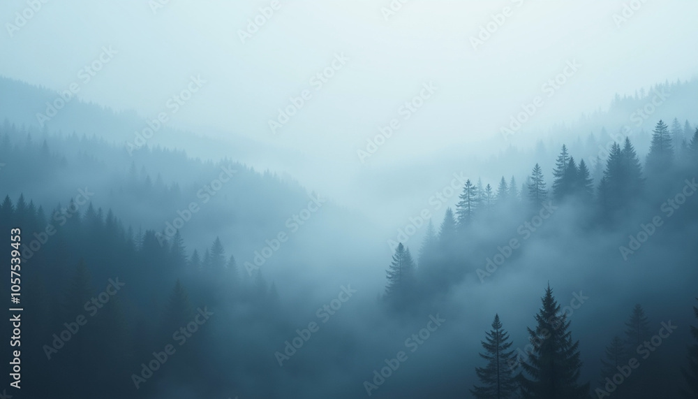 Misty mountain landscape with dense forests Misty mountain landscape with dense forests