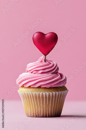 Side-angle shot of a Valentine s Day cupcake with pink frosting and a heart topper, isolated on a clean background, 4K resolution photo