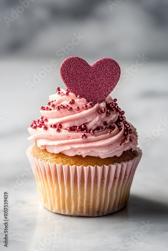 Side-angle shot of a Valentine s Day cupcake with pink frosting and a heart topper, isolated on a clean background, 4K resolution photo