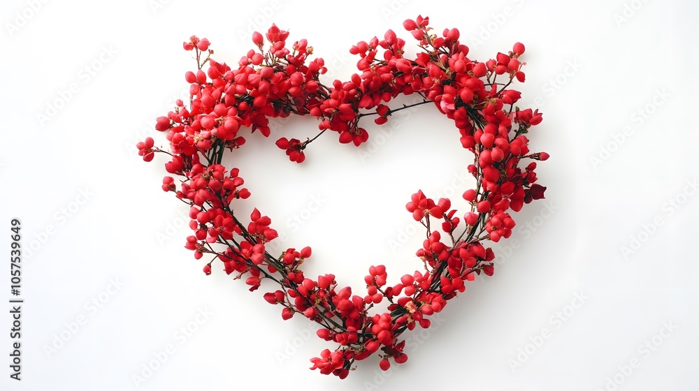Top-down view of a heart-shaped wreath made of red flowers, placed on a white background, 4K resolution Top-down view of a heart-shaped wreath made of red flowers, placed on a white background, 4K resolution