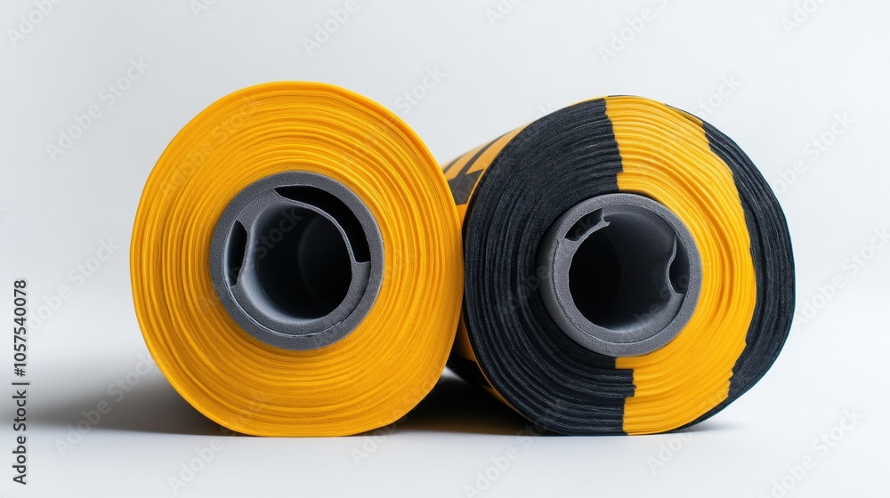 Close-up view of two rolls of yellow and black foam material with gray inner tubes on a white background. Close-up view of two rolls of yellow and black foam material with gray inner tubes on a white background.