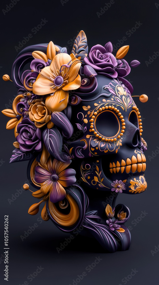 Fototapeta premium Vibrant purple and yellow floral sugar skull with intricate designs, showcasing blend of flowers and decorative elements, perfect for celebrating life and culture