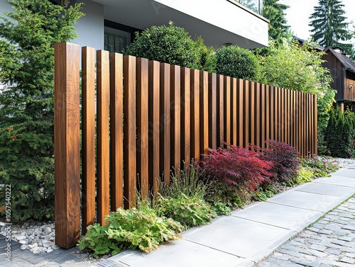  Vertical wood slat fence with slim walnut or oak slats, spaced narrowly for a semi-open, modern, and natural aesthetic. photo