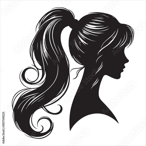 Elegant ponytail hairstyle silhouette for women on a white background 