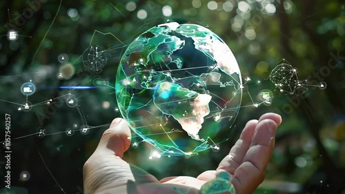 A hand holding a green globe with a network of lines surrounding it. Concept of interconnectedness and the importance of taking care of our planet