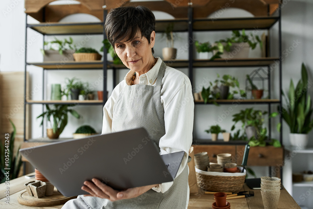 A woman tends to her plants and works on her laptop in her studio. A woman tends to her plants and works on her laptop in her studio.