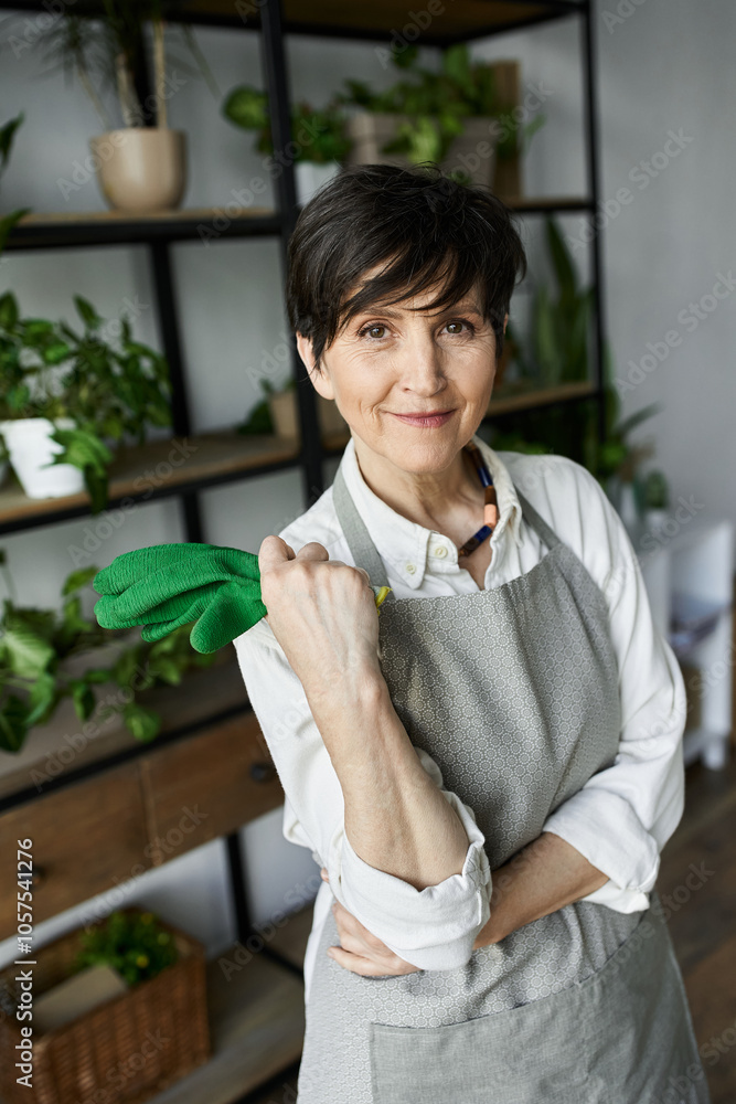 A gardener smiles while caring for her vibrant indoor plants. A gardener smiles while caring for her vibrant indoor plants.
