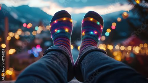 Colorful socks with holiday lights pattern, feet up, celebrating in festive atmosphere. background features blurred lights and scenic view, creating joyful and cozy vibe