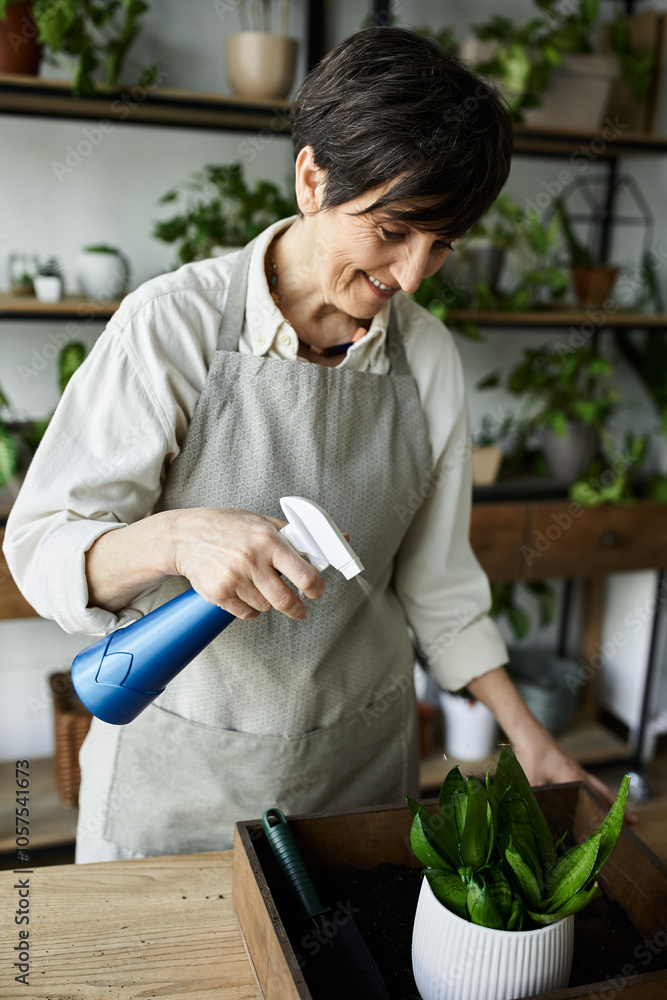A gardener carefully tends to her plants with a smile in her peaceful studio. A gardener carefully tends to her plants with a smile in her peaceful studio.