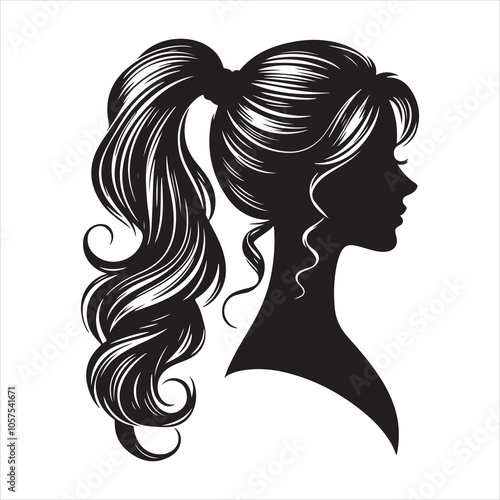 Elegant ponytail hairstyle silhouette for women on a white background 