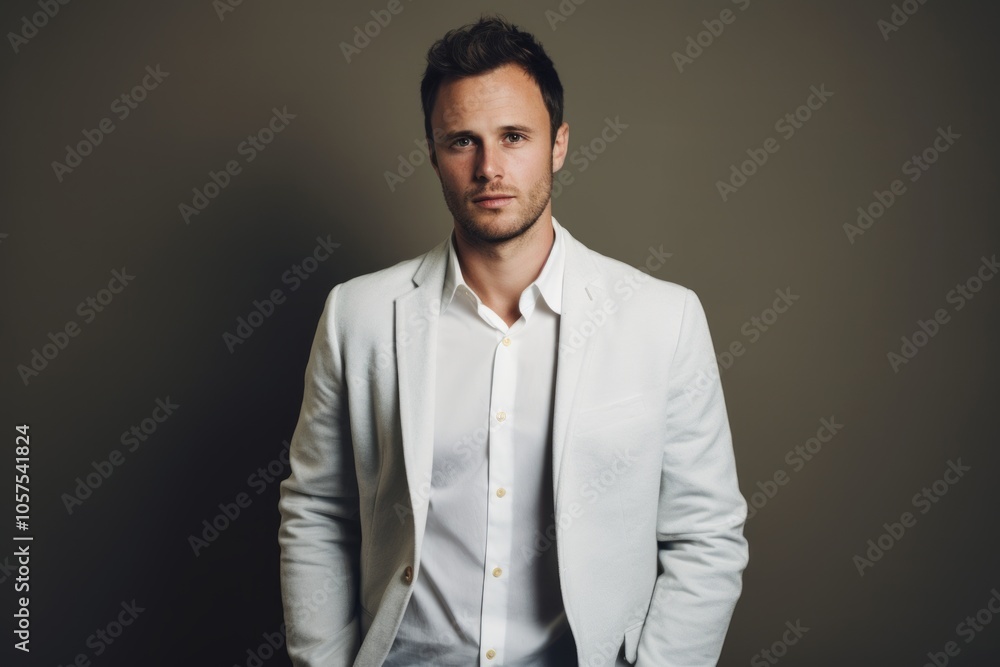 Portrait of a tender man in his 30s wearing a chic cardigan while standing against light wood minimalistic setup Portrait of a tender man in his 30s wearing a chic cardigan while standing against light wood minimalistic setup