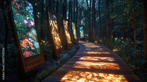 A tranquil forest walk with holographic informational panels on local flora and fauna, each panel lighting up with a soft, earthy glow. The displays help educate hikers about the environment 