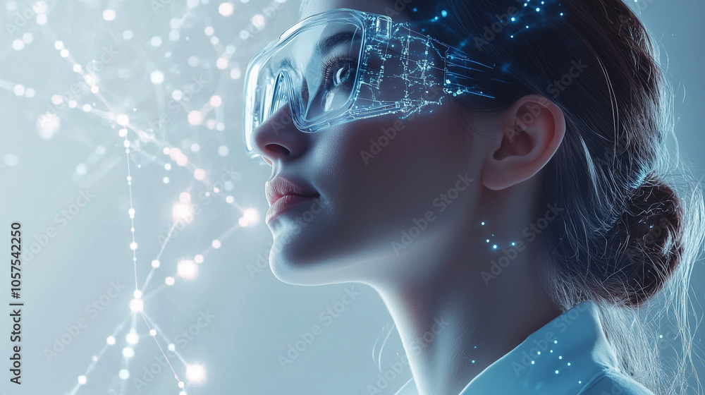 A woman in protective goggles looks forward, surrounded by light lines and network nodes symbolizing connection and technology A woman in protective goggles looks forward, surrounded by light lines and network nodes symbolizing connection and technology