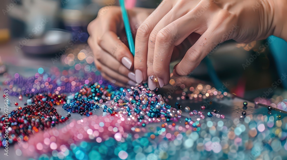 Beading workspace with hands working on jewelry, showing materials and tools arranged for handicraft. Beading workspace with hands working on jewelry, showing materials and tools arranged for handicraft.