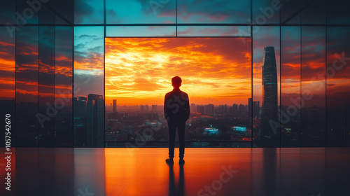 silhouette of man against vibrant sunset view from modern office