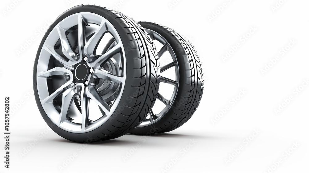 Two car's wheel with aluminium rim, free space, copy space, isolated on white. Two car's wheel with aluminium rim, free space, copy space, isolated on white.