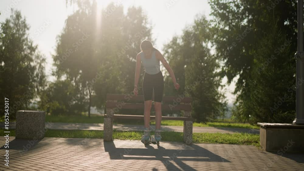 Young lady in light blue top attempting to balance on roller skates while standing up from bench in sunny park, with white sneakers under bench and background illuminated by sunlight Young lady in light blue top attempting to balance on roller skates while standing up from bench in sunny park, with white sneakers under bench and background illuminated by sunlight