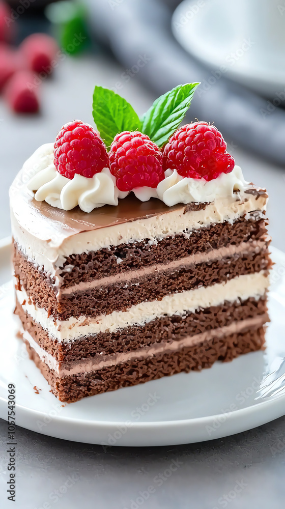 Indulge in the decadence of an elegant layered chocolate cake topped with fresh raspberries and creamy whipped frosting Indulge in the decadence of an elegant layered chocolate cake topped with fresh raspberries and creamy whipped frosting